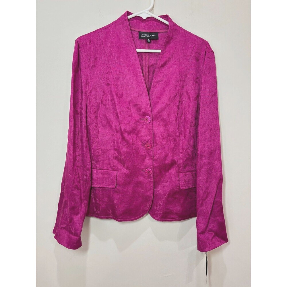 Jones NY Hot Pink 100% Linen Jacket Women 18 Floral Damask NWT Church Easter
